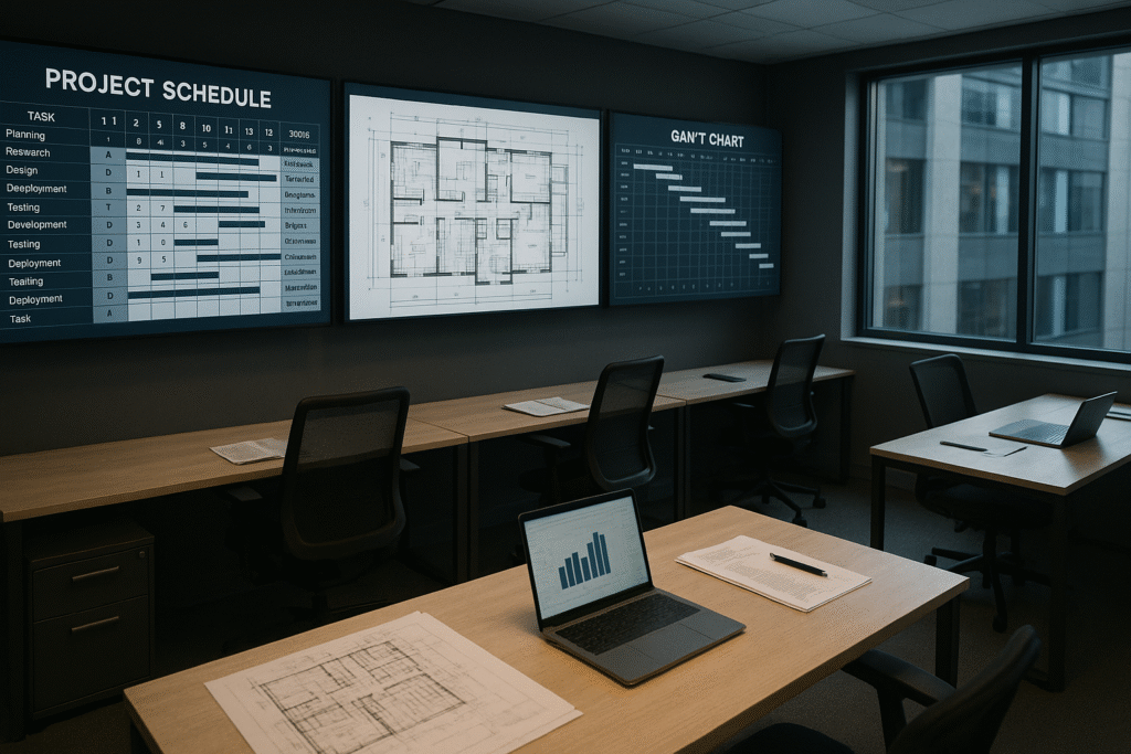 Modern office with screens showing project schedules and blueprints, reflecting expertise in project management.