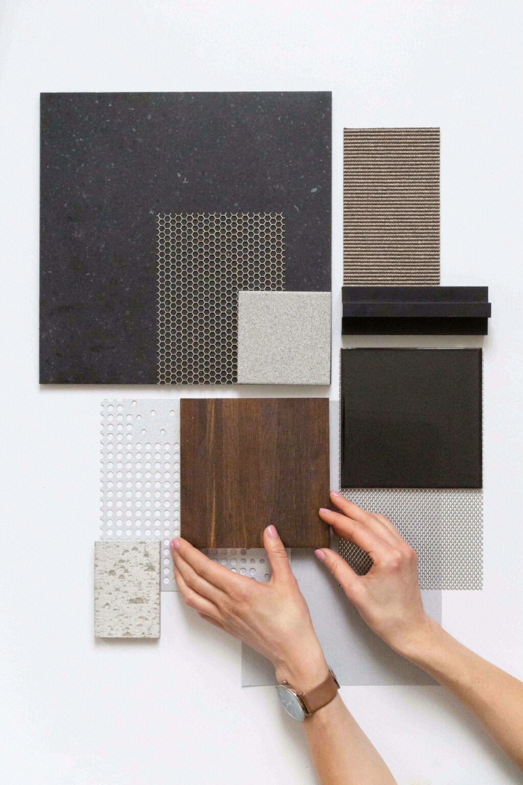 Collection of different material samples displayed side by side for comparison and selection.
