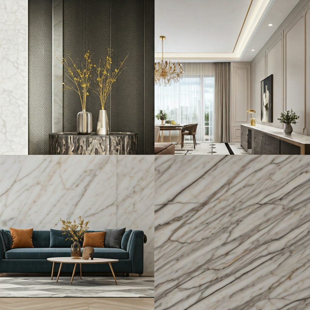 Quad-grid display showcasing finished fixtures, displays, furniture, and materials, highlighting their quality.