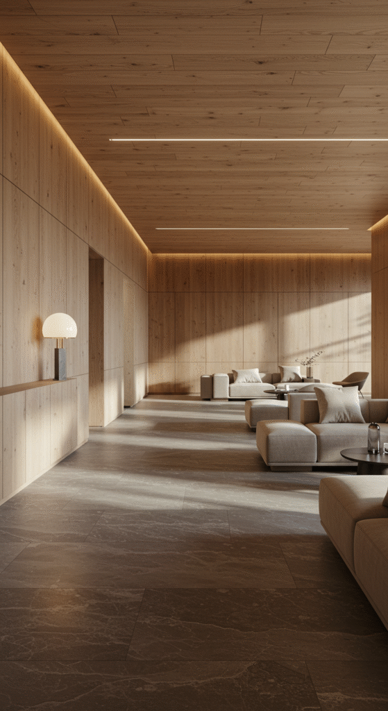 Modern minimalist hotel lobby with fabric sofas and custom coffee tables, featuring full-height timber wall panels and ceiling.