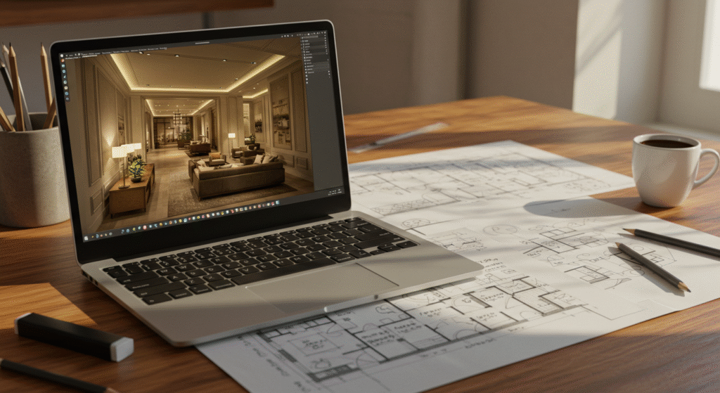 Workspace showing a laptop with a 3D rendering and a floor plan spread on the desk.